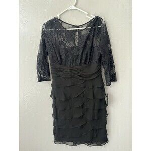 Jessica Howard Petite Size 8P Lace Black 3/4 Sleeve Tiered Lined Dress MIDI Top